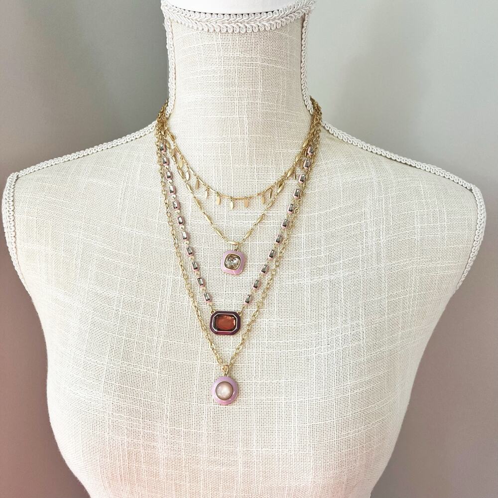 NEW Chico's Pink & Gold Stone 4-Strand Layered Necklace